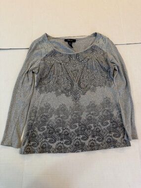 Style & Co. Gray Long Sleeve Scoop Neck Embellished Paisley Top rhinestones